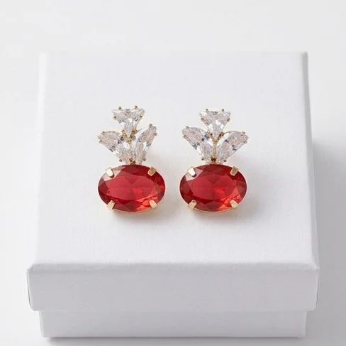 Oval Crimson Red Crystal Fan Fashion Earring Category: Fashion Earring
