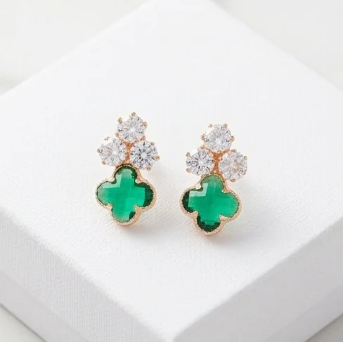 Clover Emerald Green Crystal Stud Fashion Earring