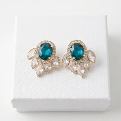 Oval Teal Blue Crystal Fan Fashion Earring