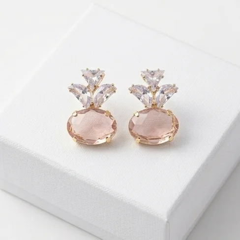 Oval Smokey Pink Crown Crystal Fashion Earring