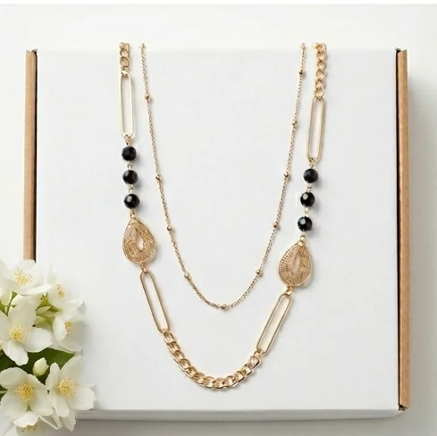 Layered Onyx Bead Fashion Necklace | Gold Finishing