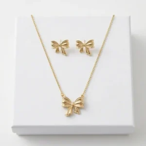 Ribbon Bow Chain pendent with Earrings | Gold Finishing