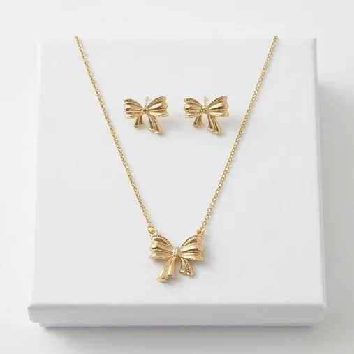 Ribbon Bow Chain pendent with Earrings | Gold Finishing