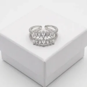 Double Row Baguette White Anti Tarnish Silver Plated Ring