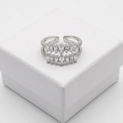 Double Row Baguette White Anti Tarnish Silver Plated Ring