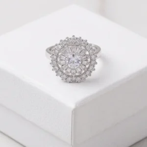 Round Halo White Anti Tarnish Silver Plated Finger ring