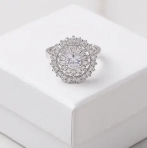 Round Halo White Anti Tarnish Silver Plated Finger ring