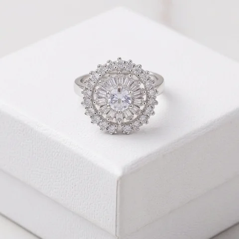 Round Halo White Anti Tarnish Silver Plated Finger ring