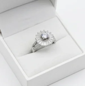 Sunburst Clear Anti Tarnish Silver Plated Finger ring