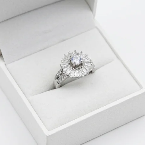 Sunburst Clear Anti Tarnish Silver Plated Finger ring